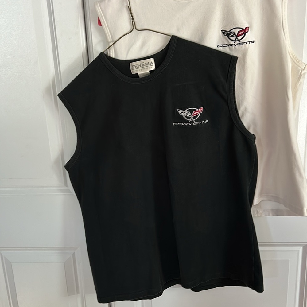2 Corvette collector knit short sleeve shirts, ladies XL 92% cotton 8% spandex.